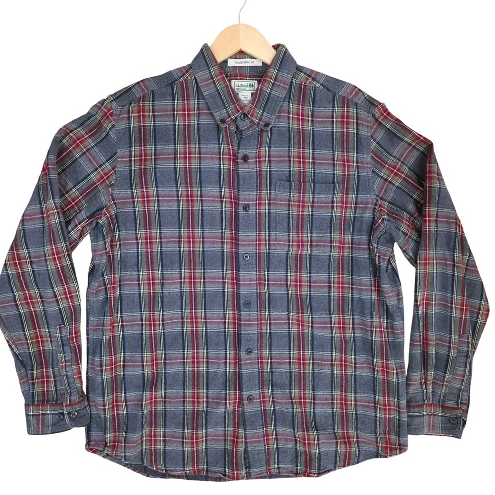 L.L. BEAN Vtg Flannel Shirt Sz L Gray Red Plaid Cotton‎ Grunge Gorpcore Outdoors